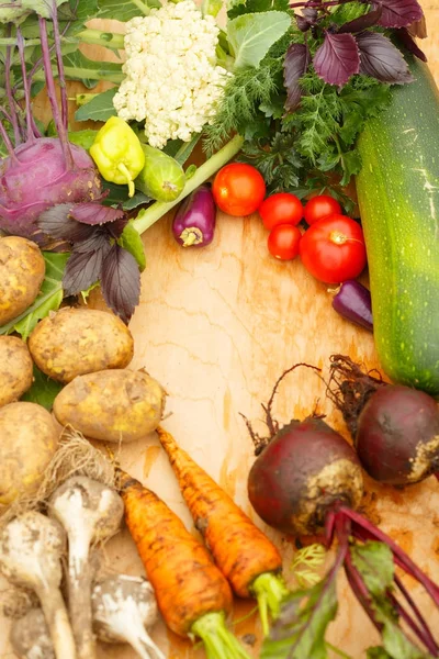 Skörd Färska Grönsaker Trä Bakgrund Trädgården Bakgrunden Ovanifrån Vitlök Rödbetor — Stockfoto