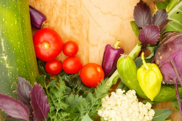 Oogst Verse Groenten Een Houten Ondergrond Tuin Achtergrond Bovenaanzicht Knoflook Stockfoto