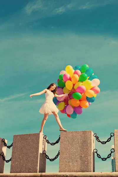 Happy Birthday Woman Sky Rainbow Colored Air Balloons Her Hands — Stock Photo, Image