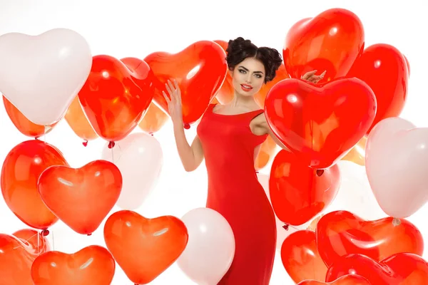 Belle Fille Modèle Mode Élégant Avec Des Ballons Forme Coeur — Photo