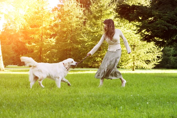 犬の訓練 公園で遊んで取得機能を持つ少女 背景にペットを歩いている女性の夏の風景 うれしそうな夏のシーン — ストック写真