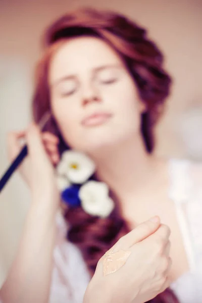 Estilista Hace Maquillaje Novia Boda —  Fotos de Stock