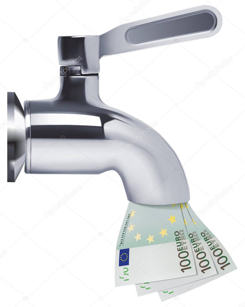 Tap pouring euro down the drain. Vector 3d illustration