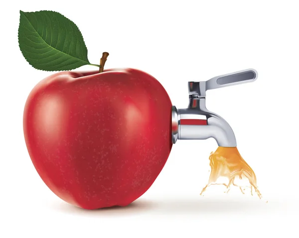 Сок течет из яблока через кран, изолированный на белом — стоковое фото