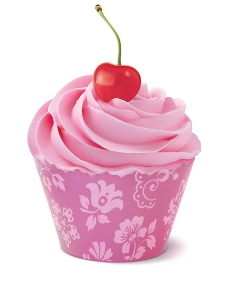 Cupcake met kersen. Realistische vector 3d illustratie — Stockvector