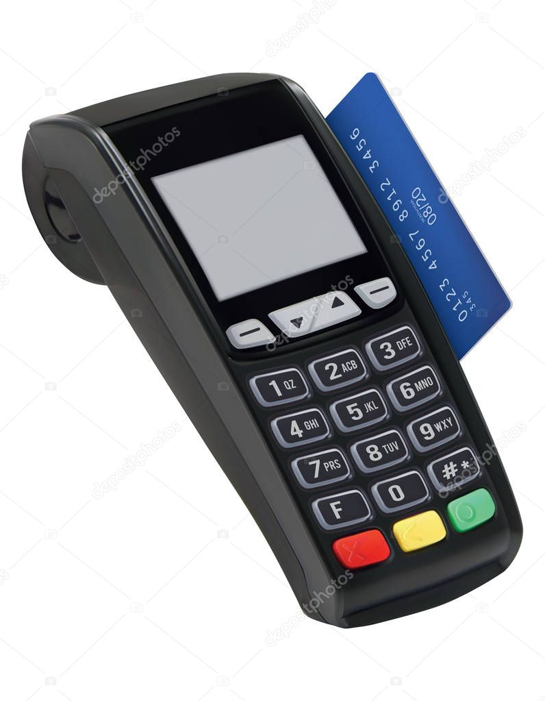 Pos terminal with card isolated. Paying with credit card. Vector