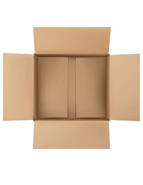 Offener brauner Blanko-Karton isoliert auf weiß. Ansicht von oben — Stockvektor