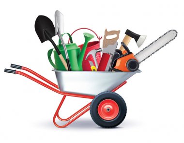 Bahçe aksesuarları ile el arabası. tüm bir kavram. Realist