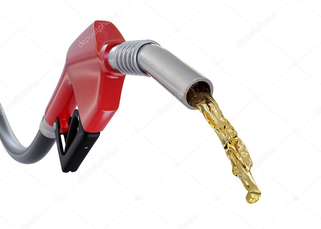 Fuel nozzle with stream, close up view on white with clipping pa