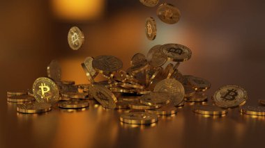 Bir yığının üstüne düşen Bitcoins