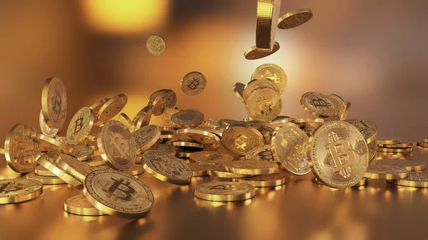 Bitcoins falling on a pile — Stock Photo, Image