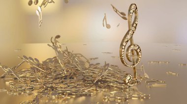 müzikal bir tiz nota anahtarı ve düşen notlar 3D render