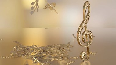 müzikal bir tiz nota anahtarı ve düşen notlar 3D render