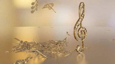 müzikal bir tiz nota anahtarı ve düşen notlar 3D render