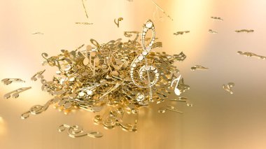 müzikal bir tiz nota anahtarı ve düşen notlar 3D render