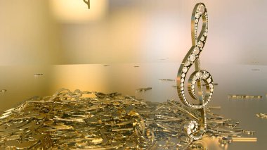 müzikal bir tiz nota anahtarı ve düşen notlar 3D render