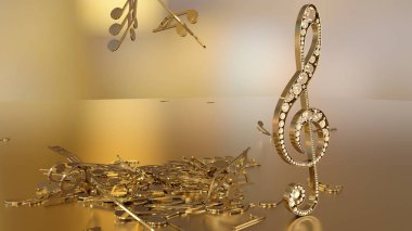 müzikal bir tiz nota anahtarı ve düşen notlar 3D render