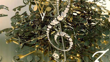 müzikal bir tiz nota anahtarı ve düşen notlar 3D render