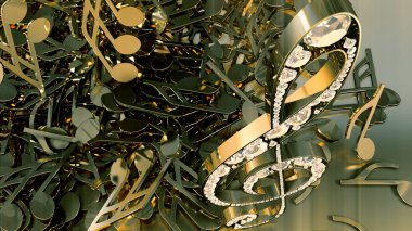 müzikal bir tiz nota anahtarı ve düşen notlar 3D render