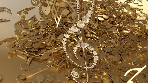 müzikal bir tiz nota anahtarı ve düşen notlar 3D render