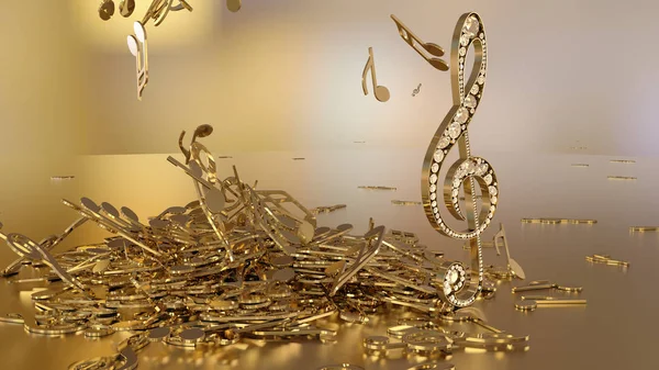 Representación en 3D de una clave de agudos musicales y notas de caída — Foto de Stock