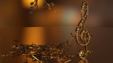 müzikal bir tiz nota anahtarı ve düşen notlar 3D render