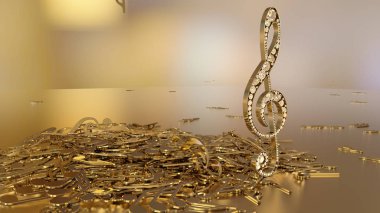 müzikal bir tiz nota anahtarı ve düşen notlar 3D render