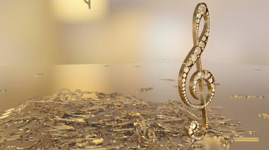 müzikal bir tiz nota anahtarı ve düşen notlar 3D render