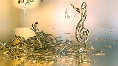 müzikal bir tiz nota anahtarı ve düşen notlar 3D render