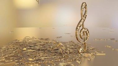 müzikal bir tiz nota anahtarı ve düşen notlar 3D render