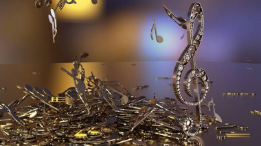 müzikal bir tiz nota anahtarı ve düşen notlar 3D render