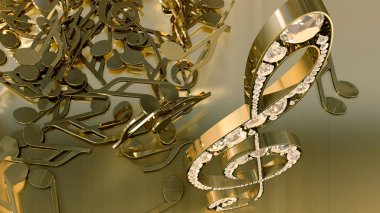 müzikal bir tiz nota anahtarı ve düşen notlar 3D render