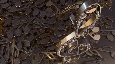 müzikal bir tiz nota anahtarı ve düşen notlar 3D render