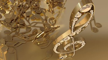 müzikal bir tiz nota anahtarı ve düşen notlar 3D render