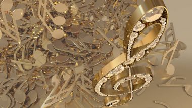 müzikal bir tiz nota anahtarı ve düşen notlar 3D render