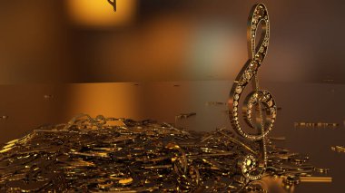 müzikal bir tiz nota anahtarı ve düşen notlar 3D render