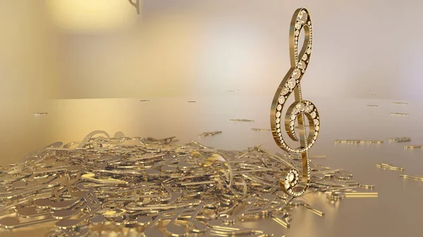 müzikal bir tiz nota anahtarı ve düşen notlar 3D render