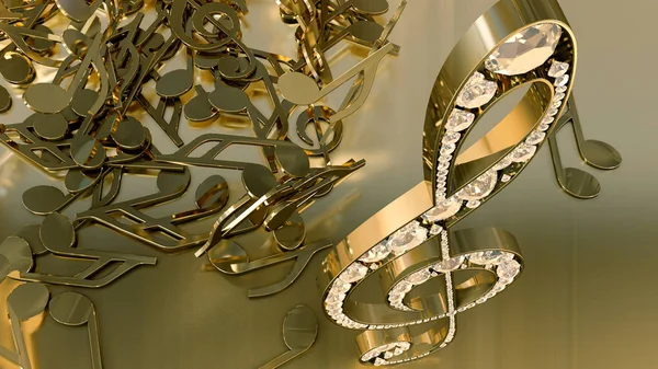 müzikal bir tiz nota anahtarı ve düşen notlar 3D render