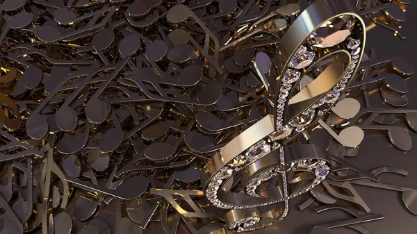 müzikal bir tiz nota anahtarı ve düşen notlar 3D render