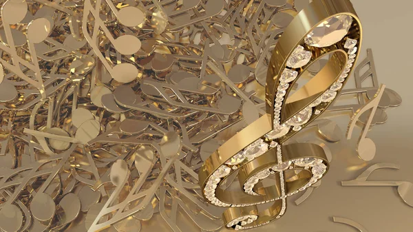 müzikal bir tiz nota anahtarı ve düşen notlar 3D render