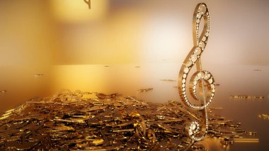 müzikal bir tiz nota anahtarı ve düşen notlar 3D render