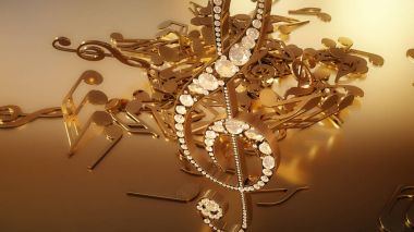 müzikal bir tiz nota anahtarı ve düşen notlar 3D render