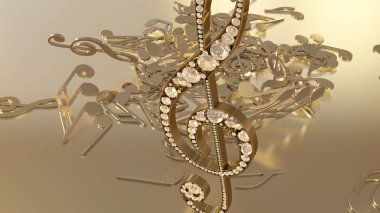 müzikal bir tiz nota anahtarı ve düşen notlar 3D render