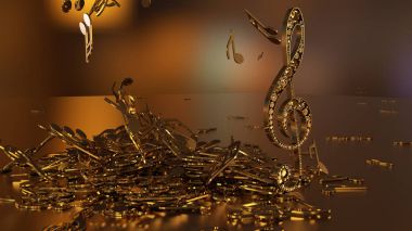 müzikal bir tiz nota anahtarı ve düşen notlar 3D render