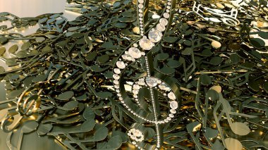 müzikal bir tiz nota anahtarı ve düşen notlar 3D render