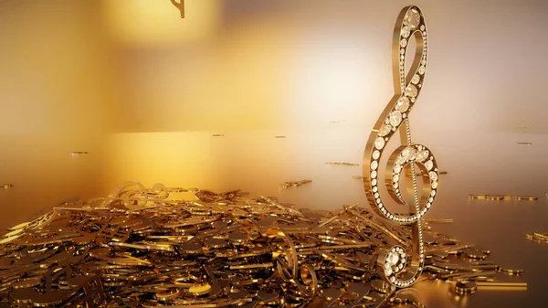 müzikal bir tiz nota anahtarı ve düşen notlar 3D render