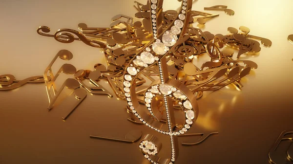 müzikal bir tiz nota anahtarı ve düşen notlar 3D render