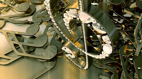 müzikal bir tiz nota anahtarı ve düşen notlar 3D render