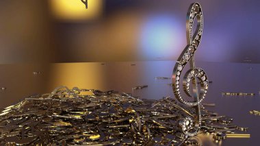 müzikal bir tiz nota anahtarı ve düşen notlar 3D render