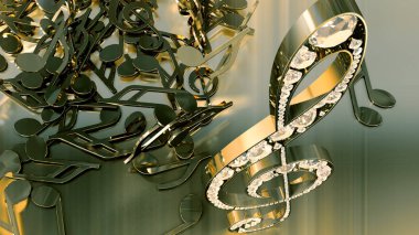 müzikal bir tiz nota anahtarı ve düşen notlar 3D render